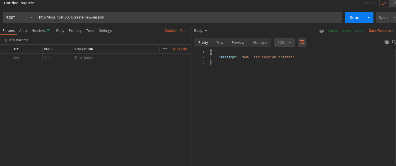 Successful request for new user session in postman